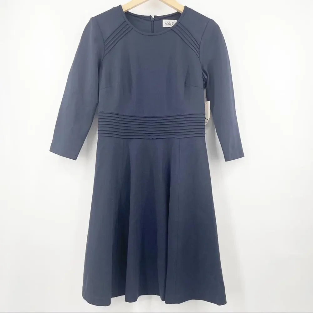 ELIZA J Dress Navy Cocktail Formal Business Wedding Pleated Long Sleeve NWT SZ 6 - Picture 2 of 13